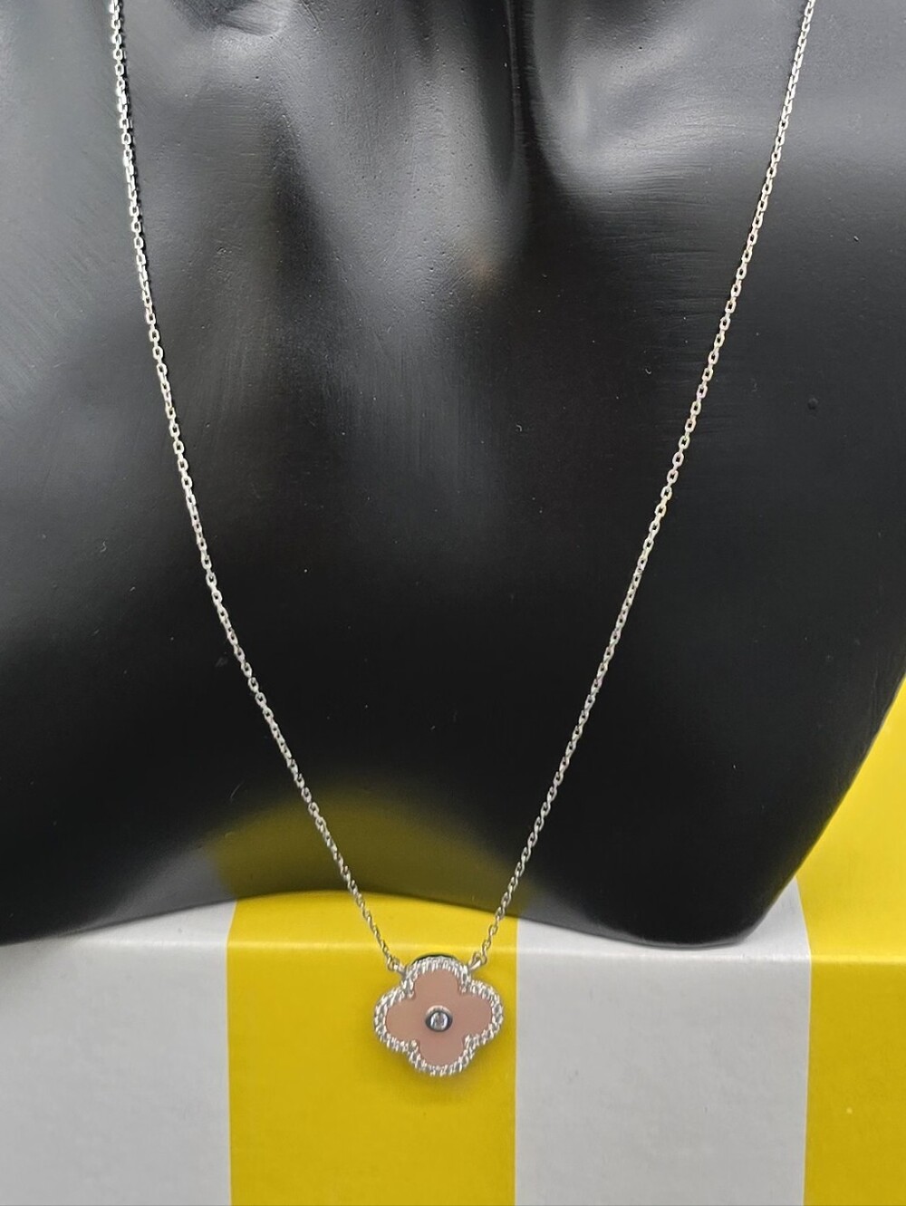 Sterling Silver Chain Necklace with Pink Clover Pendant #0941